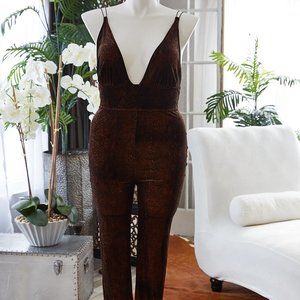 Free People Deep V velvet stretch catsuit animal print
